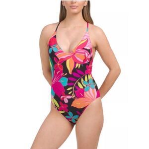 Trina Turk Floral Multicolor Maillot One Piece Plunge Swimsuit Size‎ 10 $162 NWT
